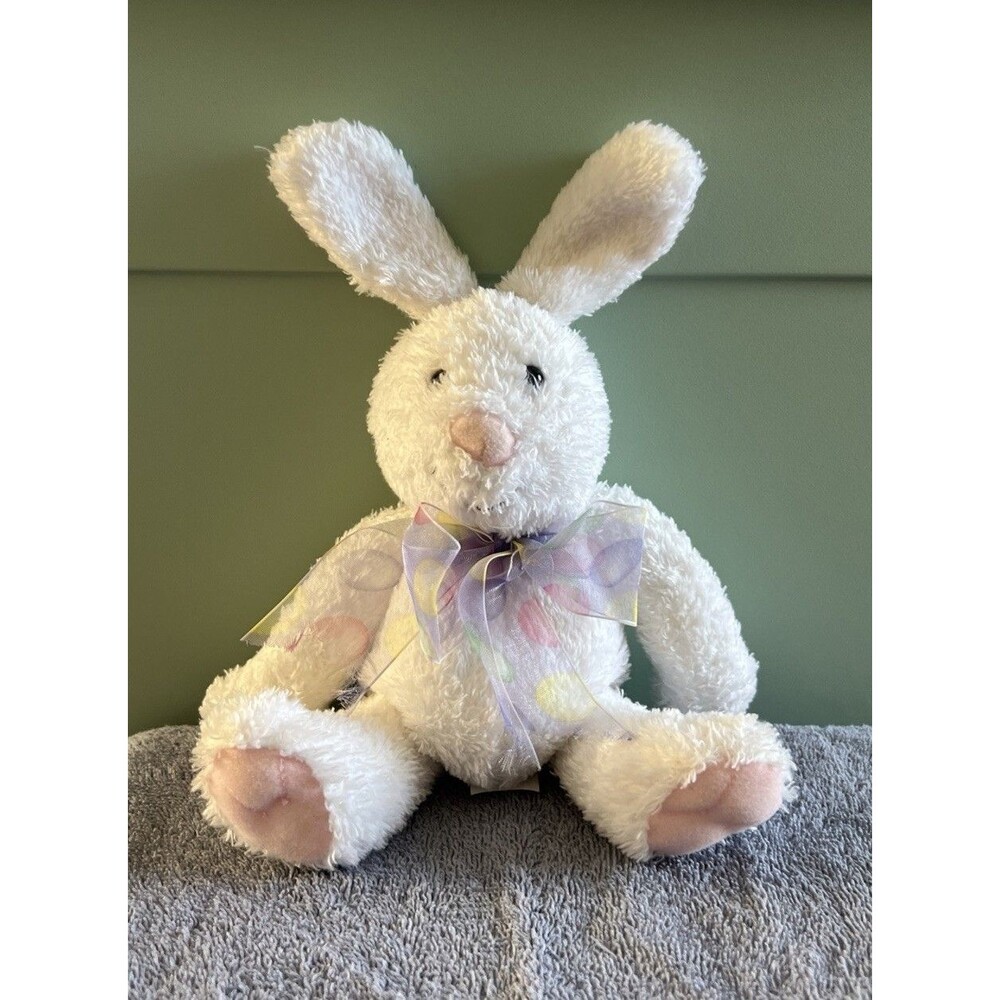 Hallmark Easter Relaxin’ Rabbit White 9” Plush with Purple Ribbon Bow Vintage